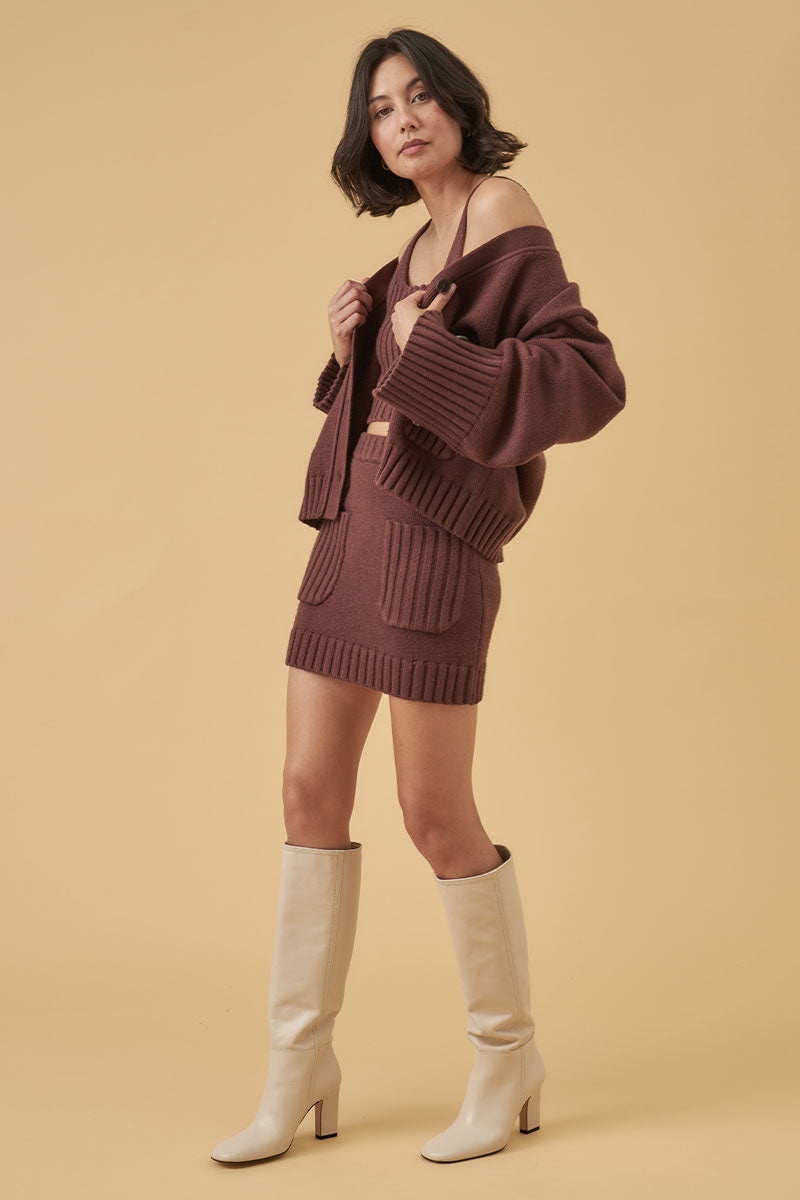 Mon Renn Hudson Knit Mini Skirt Mahogany