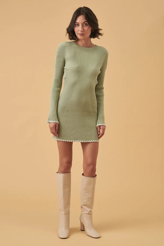MON RENN Trace Knit Mini Dress - Sage