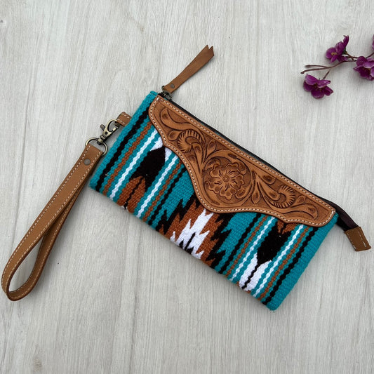 The Design Edge Turq Saddle Blanket Clutch with Tooled Leather