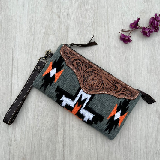 The Design Edge Grey Saddle Blanket Clutch with Tooled Leather