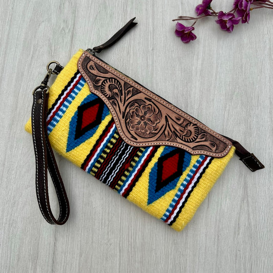 The Design Edge Yellow Saddle Blanket Clutch with Tooled Leather