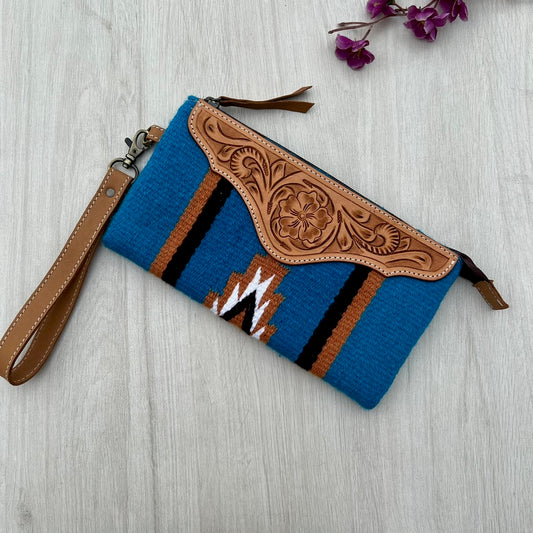 The Design Edge Blue Saddle Blanket Clutch with Tooled Leather