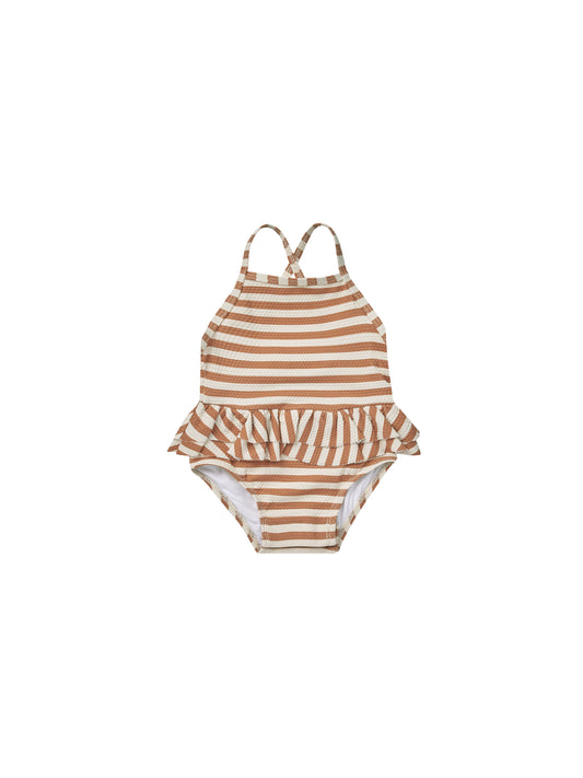 Quincy Mae Ruffled one-piece swimsuit || clay stripe