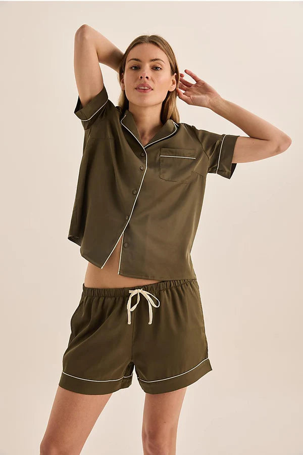 Gingerlilly Sonia Olive Satin Short PJ Set