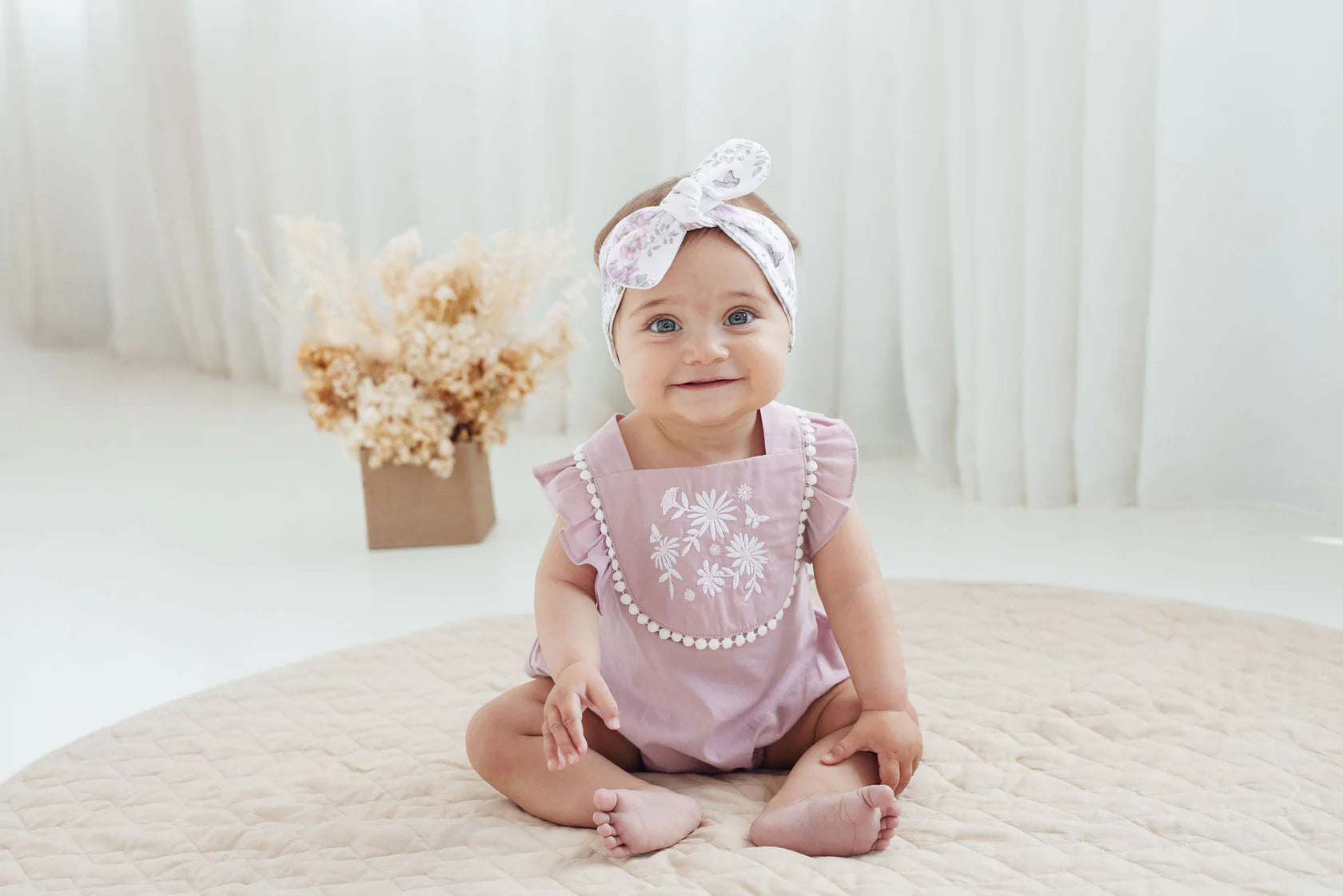 Aster and Oak Orchid Daisy Embroidered Romper