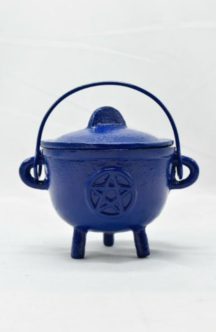 KO Shop Cast Iron Pentagram Cauldron with Lid Blue