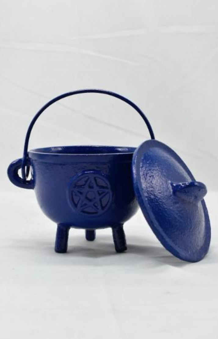 KO Shop Cast Iron Pentagram Cauldron with Lid Blue