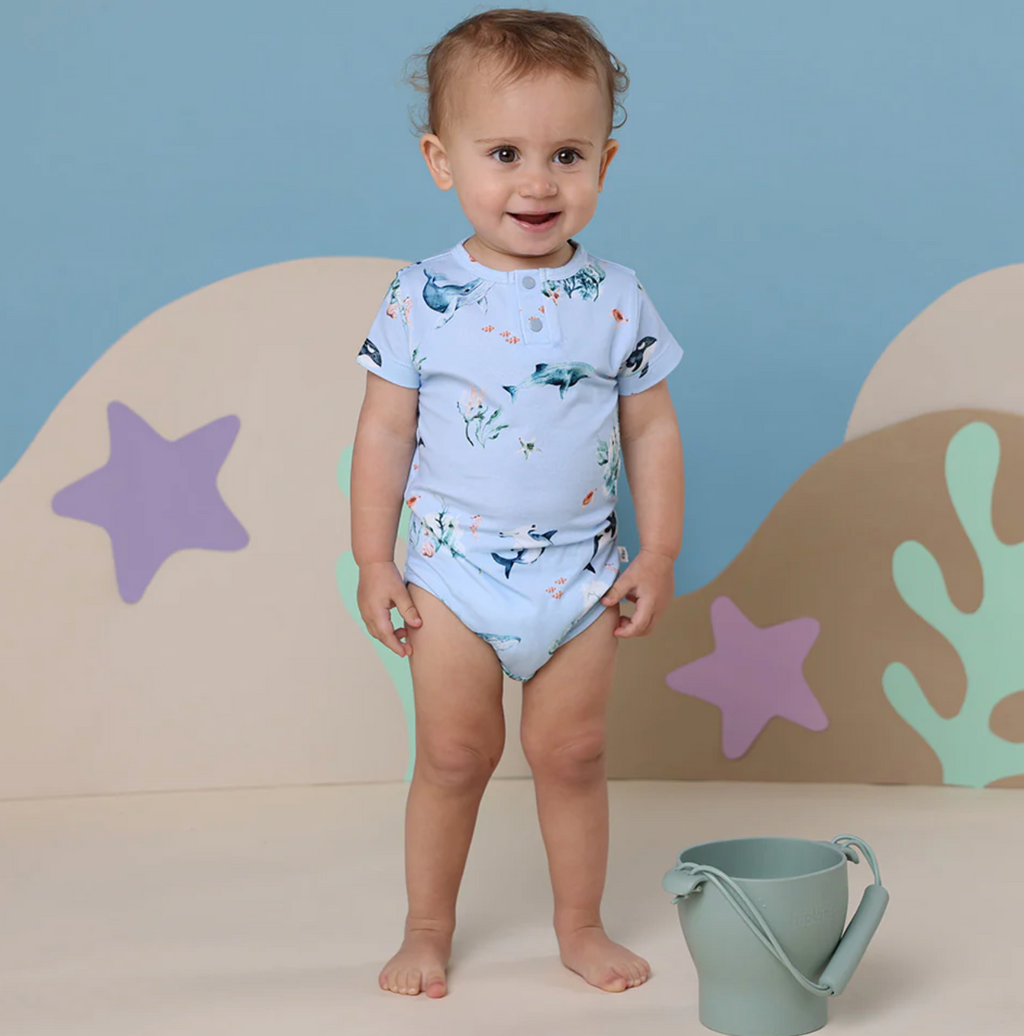 Snuggle Hunny Blue Ocean Short Sleeve Organic Bodysuit