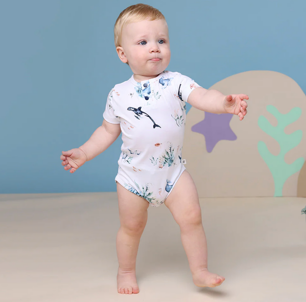 Snuggle Hunny Ocean White Short Sleeve Organic Bodysuit