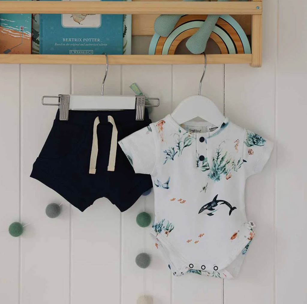 Snuggle Hunny Ocean White Short Sleeve Organic Bodysuit