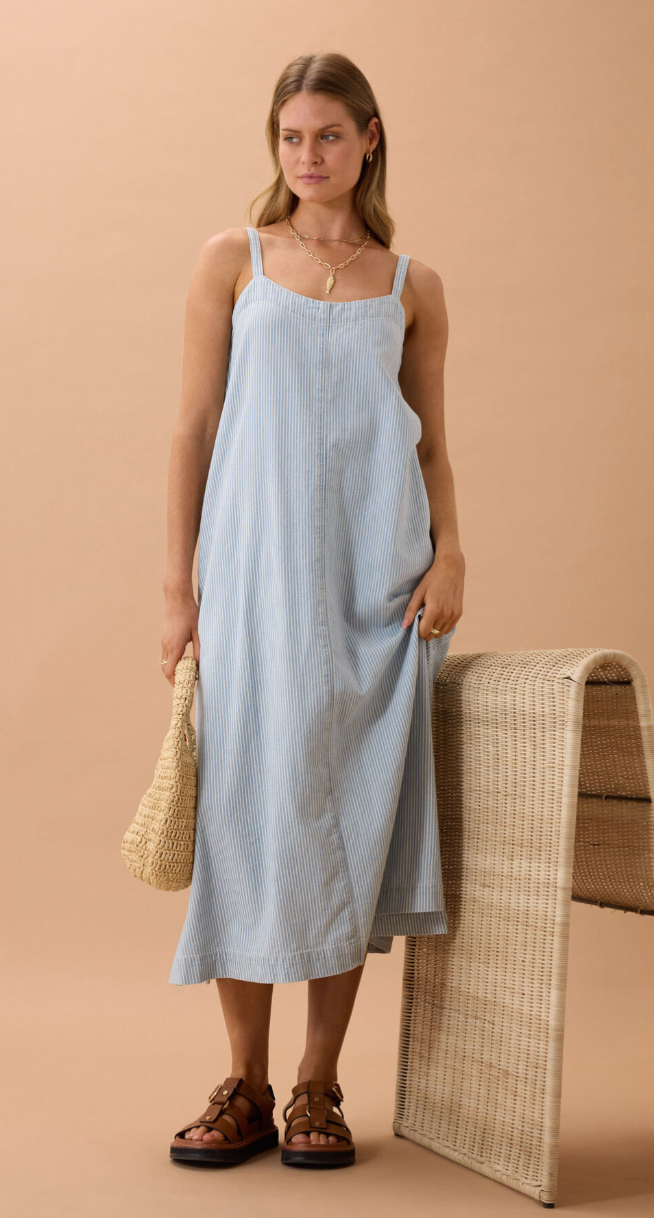 Ceres Life Remy Strappy Midi Dress - Indigo with White Stripes