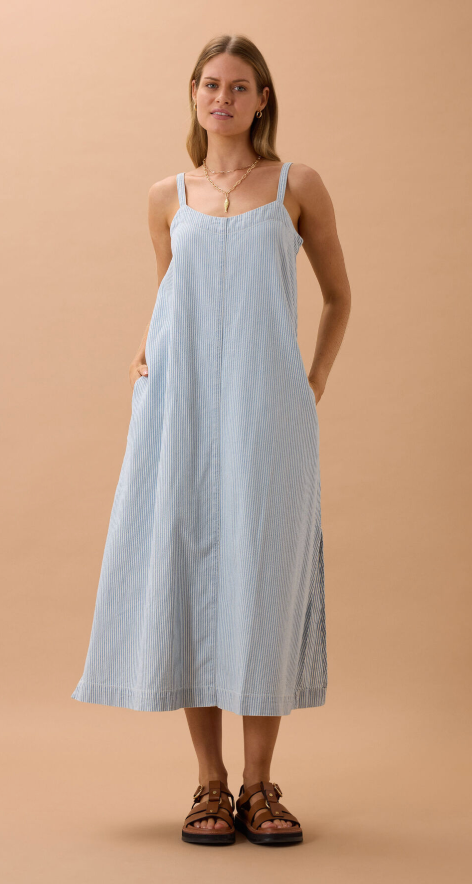 Ceres Life Remy Strappy Midi Dress - Indigo with White Stripes