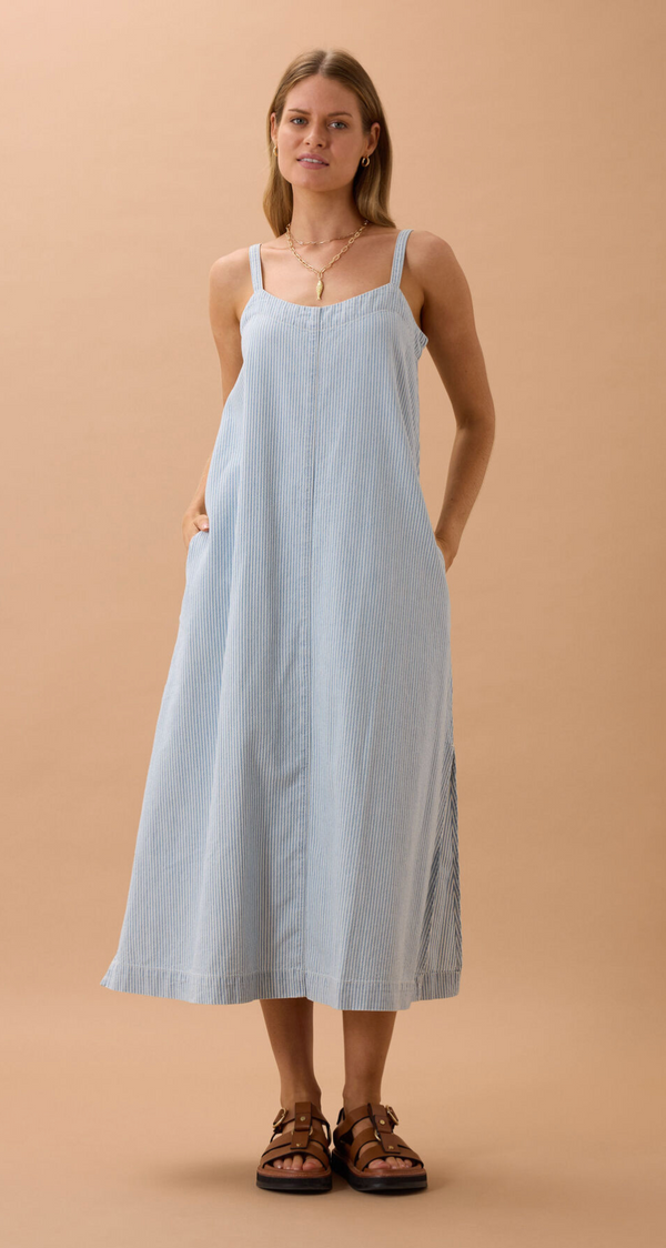 Ceres Life Remy Strappy Midi Dress - Indigo with White Stripes