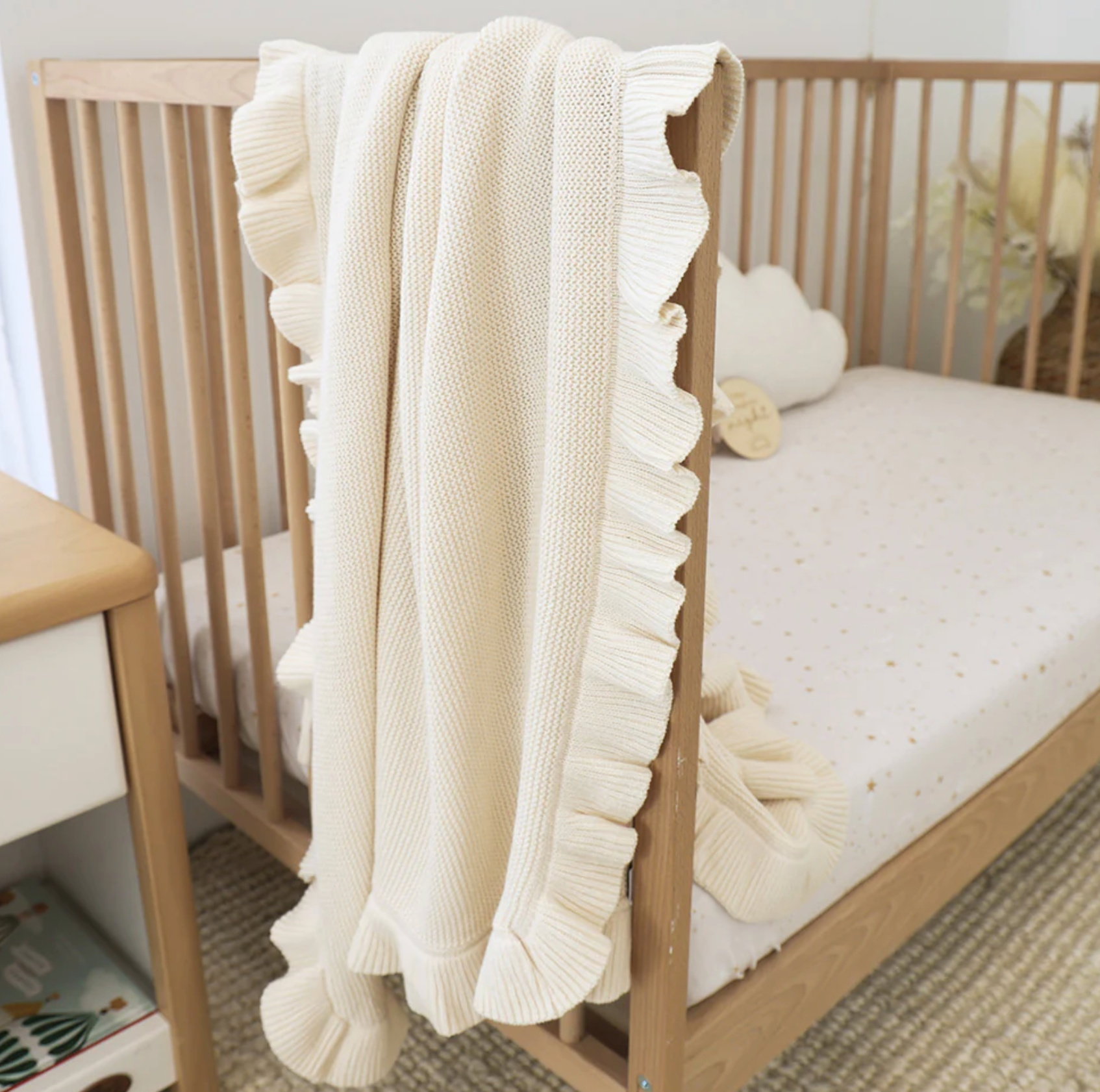 Snuggle Hunny Cream Ruffle Knit Organic Baby Blanket