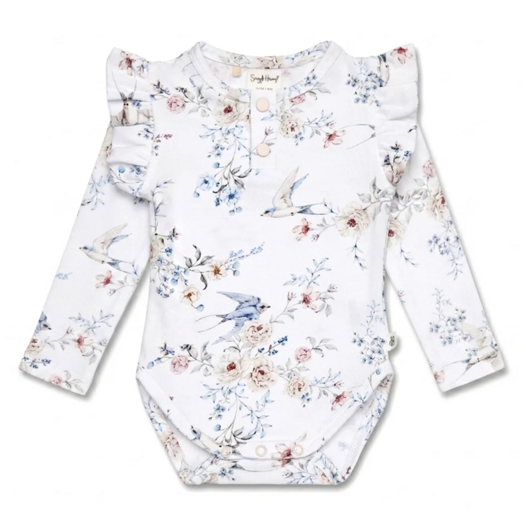 Snuggle Hunny Sweet Swallows Long Sleeve Organic Bodysuit with Frill