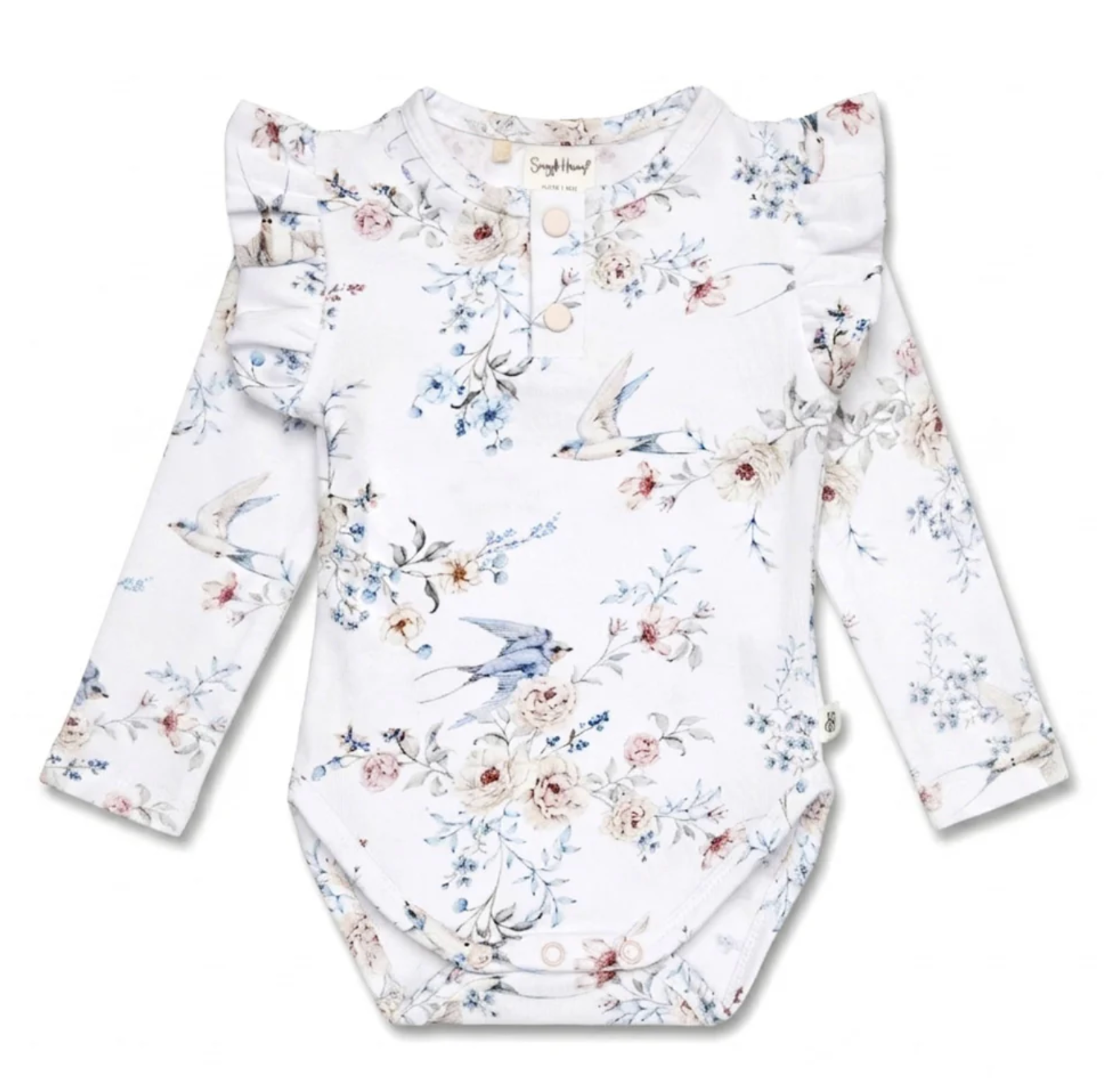 Snuggle Hunny Sweet Swallows Long Sleeve Organic Bodysuit with Frill
