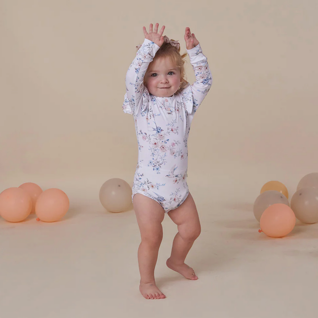 Snuggle Hunny Sweet Swallows Long Sleeve Organic Bodysuit with Frill