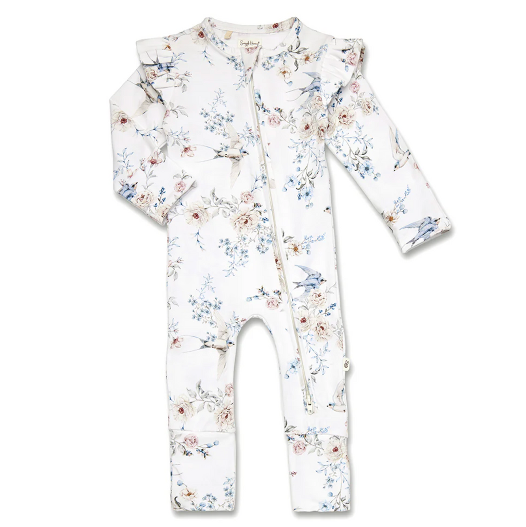 Snuggle Hunny Sweet Swallows Organic Snugglesuit Convertible Romper with Frill
