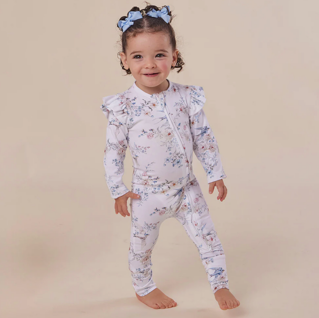 Snuggle Hunny Sweet Swallows Organic Snugglesuit Convertible Romper with Frill