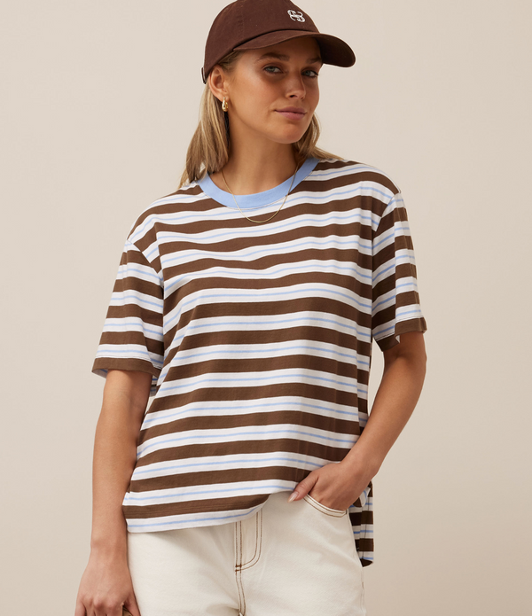 Ceres Life Stevie Slouchy Tee Cocoa Sky Blue Stripe