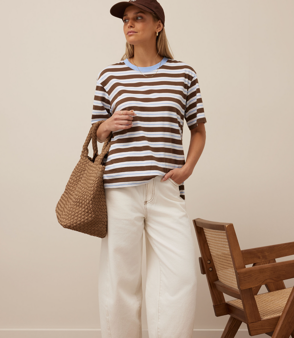 Ceres Life Stevie Slouchy Tee Cocoa Sky Blue Stripe