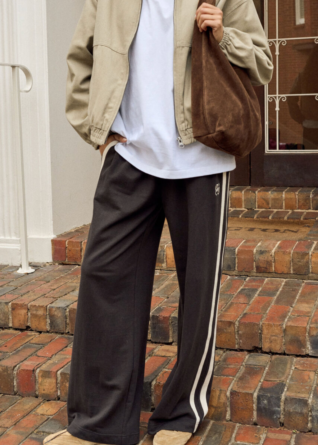 Ceres Life Gigi Wide Leg Terry Trackpant Phantom Side Stripe