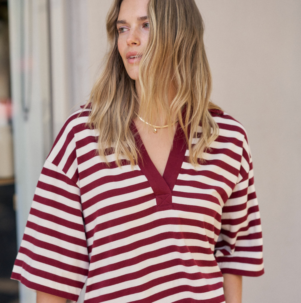 Ceres Life Arlie Short Sleeve Rugby Burgundy & Milk Stripe