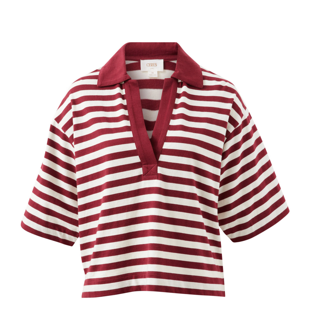 Ceres Life Arlie Short Sleeve Rugby Burgundy & Milk Stripe