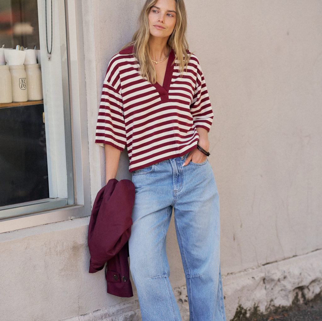 Ceres Life Arlie Short Sleeve Rugby Burgundy & Milk Stripe
