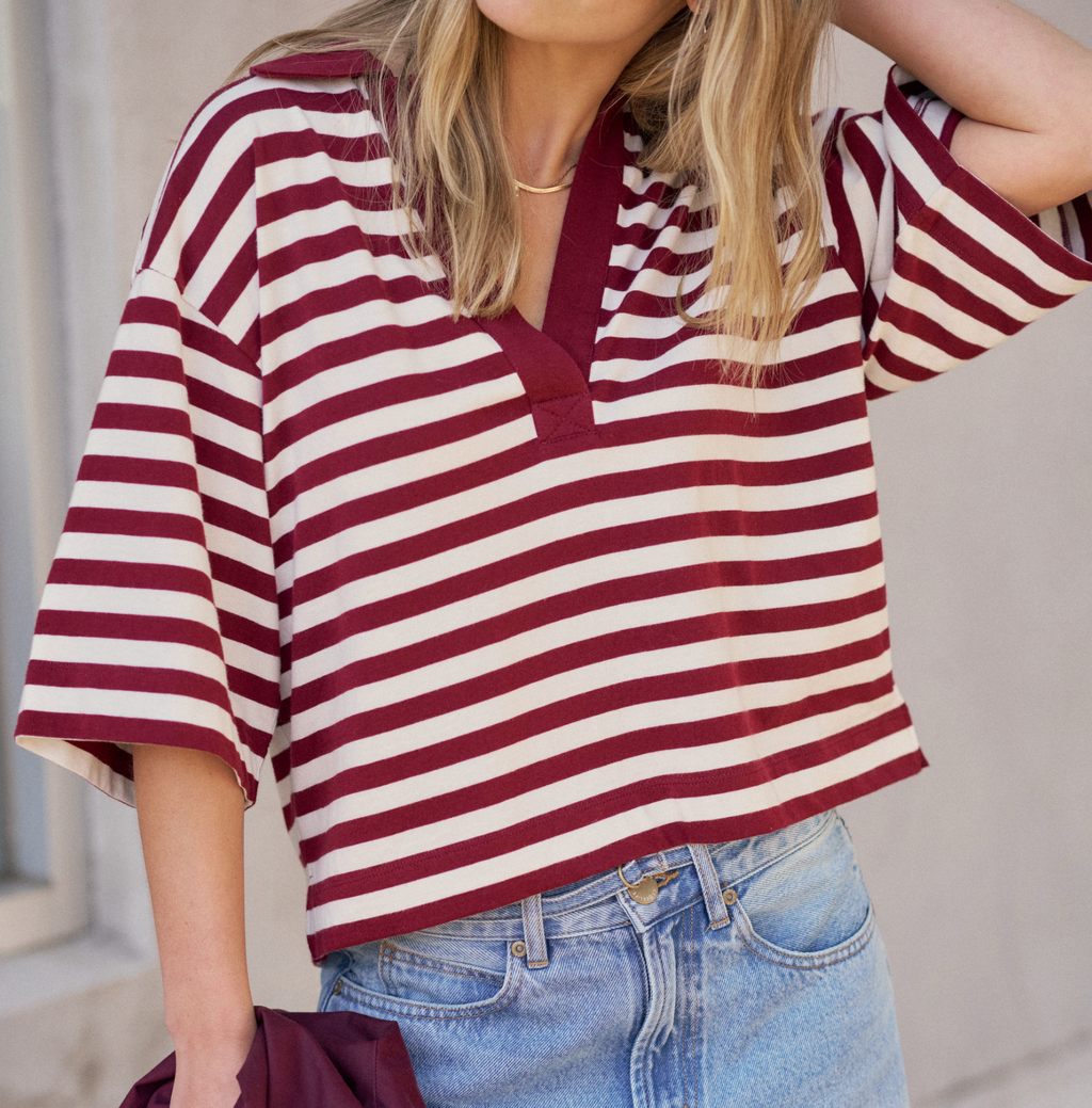 Ceres Life Arlie Short Sleeve Rugby Burgundy & Milk Stripe