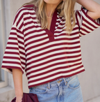 Ceres Life Arlie Short Sleeve Rugby Burgundy & Milk Stripe