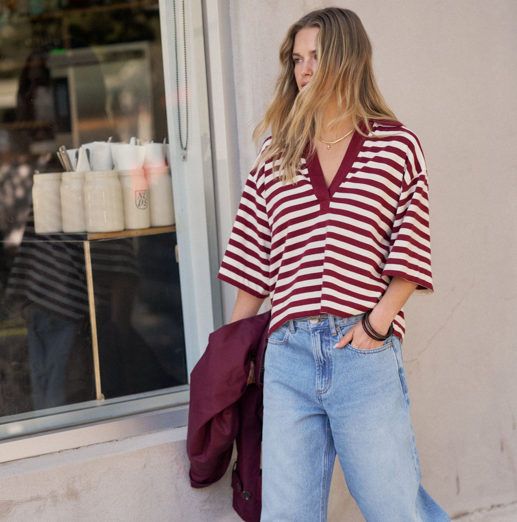 Ceres Life Arlie Short Sleeve Rugby Burgundy & Milk Stripe