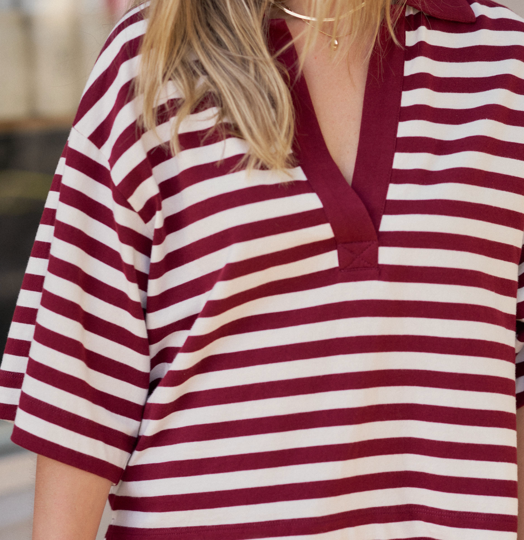 Ceres Life Arlie Short Sleeve Rugby Burgundy & Milk Stripe