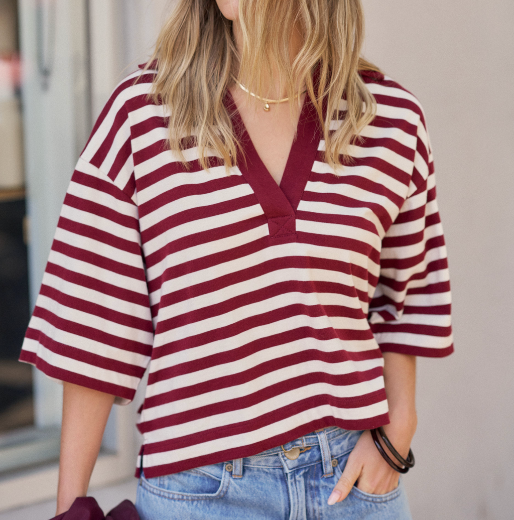Ceres Life Arlie Short Sleeve Rugby Burgundy & Milk Stripe
