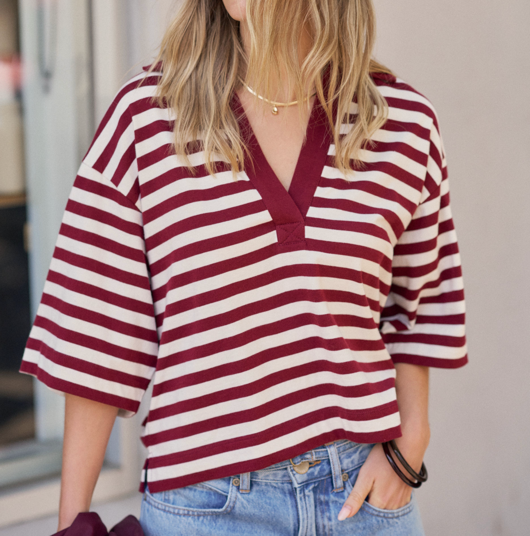 Ceres Life Arlie Short Sleeve Rugby Burgundy & Milk Stripe