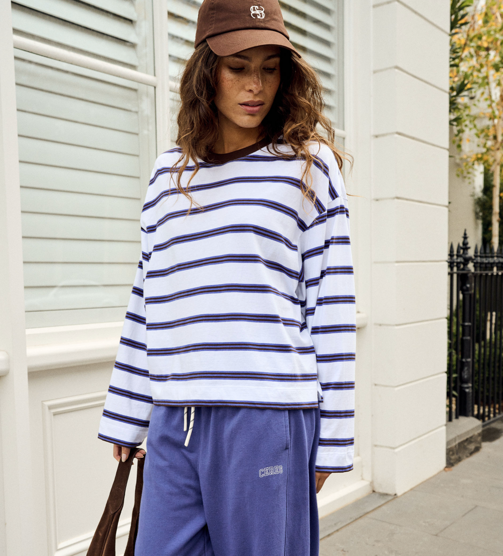 Ceres Life Beau Long Sleeve Slouchy Tee White & Blue Polo  Stripe
