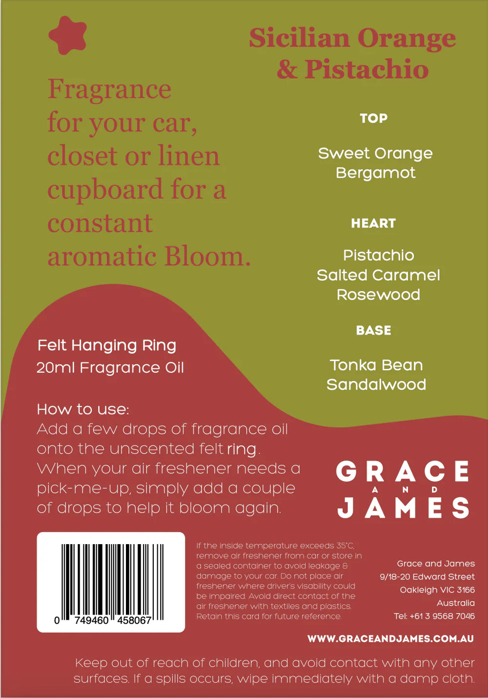 Grace & James Sicilian Orange & Pistachio - Felt Air Freshener