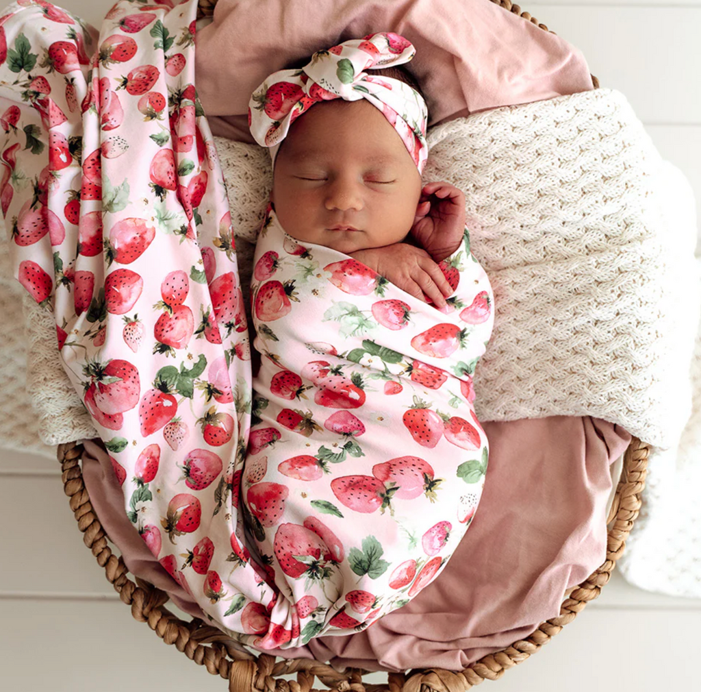 Snuggle Hunny Strawberry Organic Jersey Wrap & Topknot Set