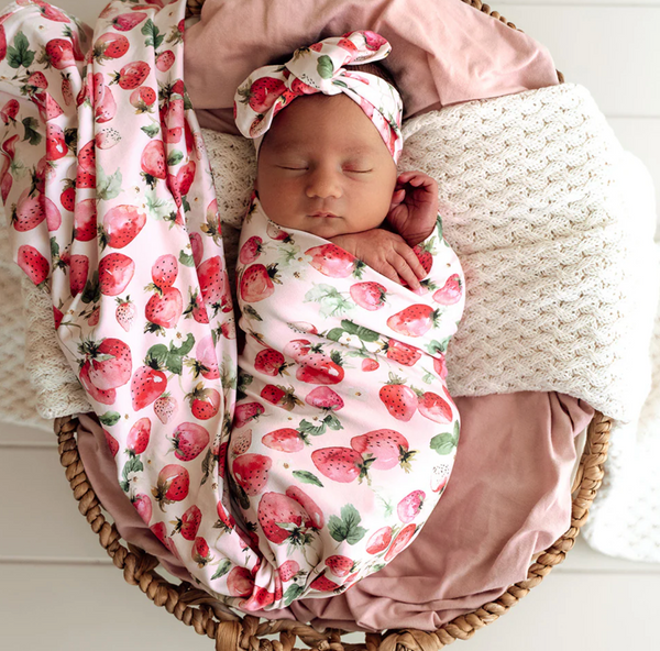 Snuggle Hunny Strawberry Organic Jersey Wrap & Topknot Set