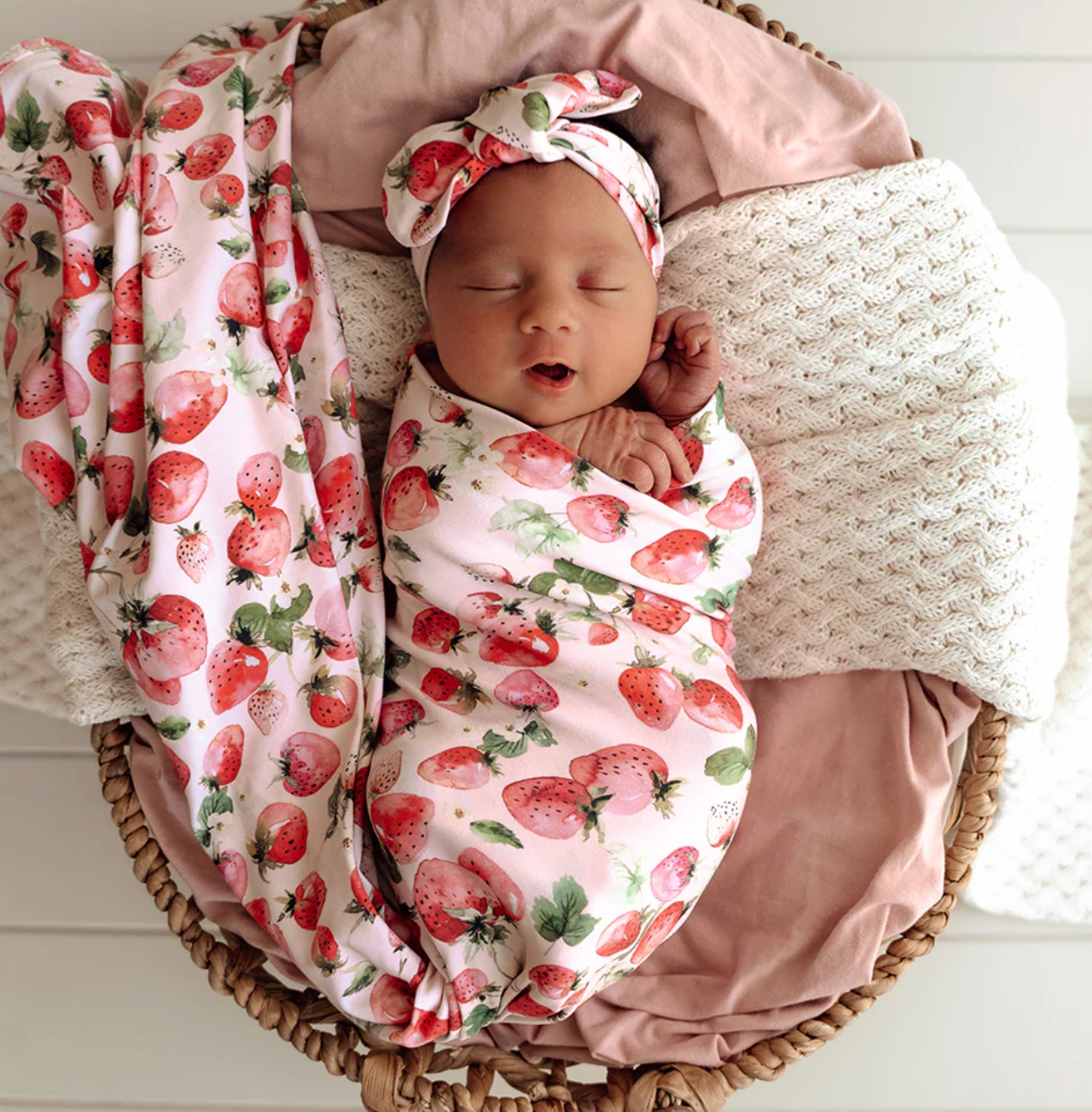 Snuggle Hunny Strawberry Organic Jersey Wrap & Topknot Set