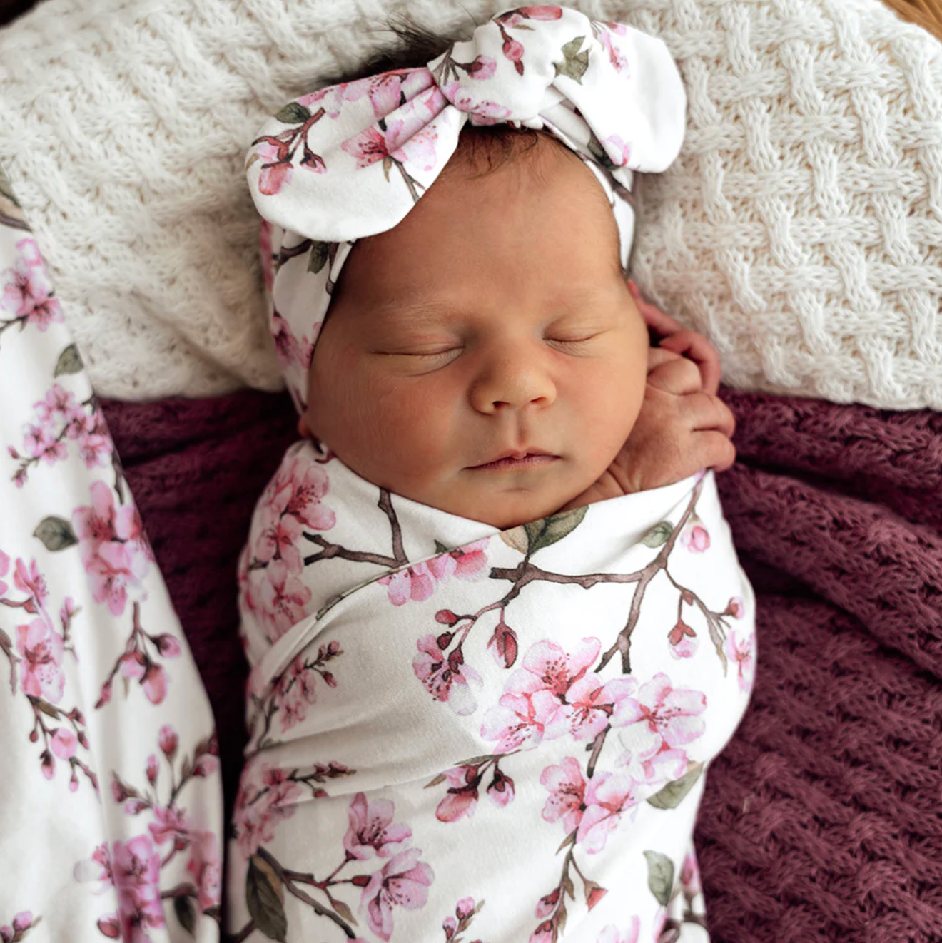 Snuggle Hunny Cherry Blossom Organic Jersey Wrap & Topknot Set