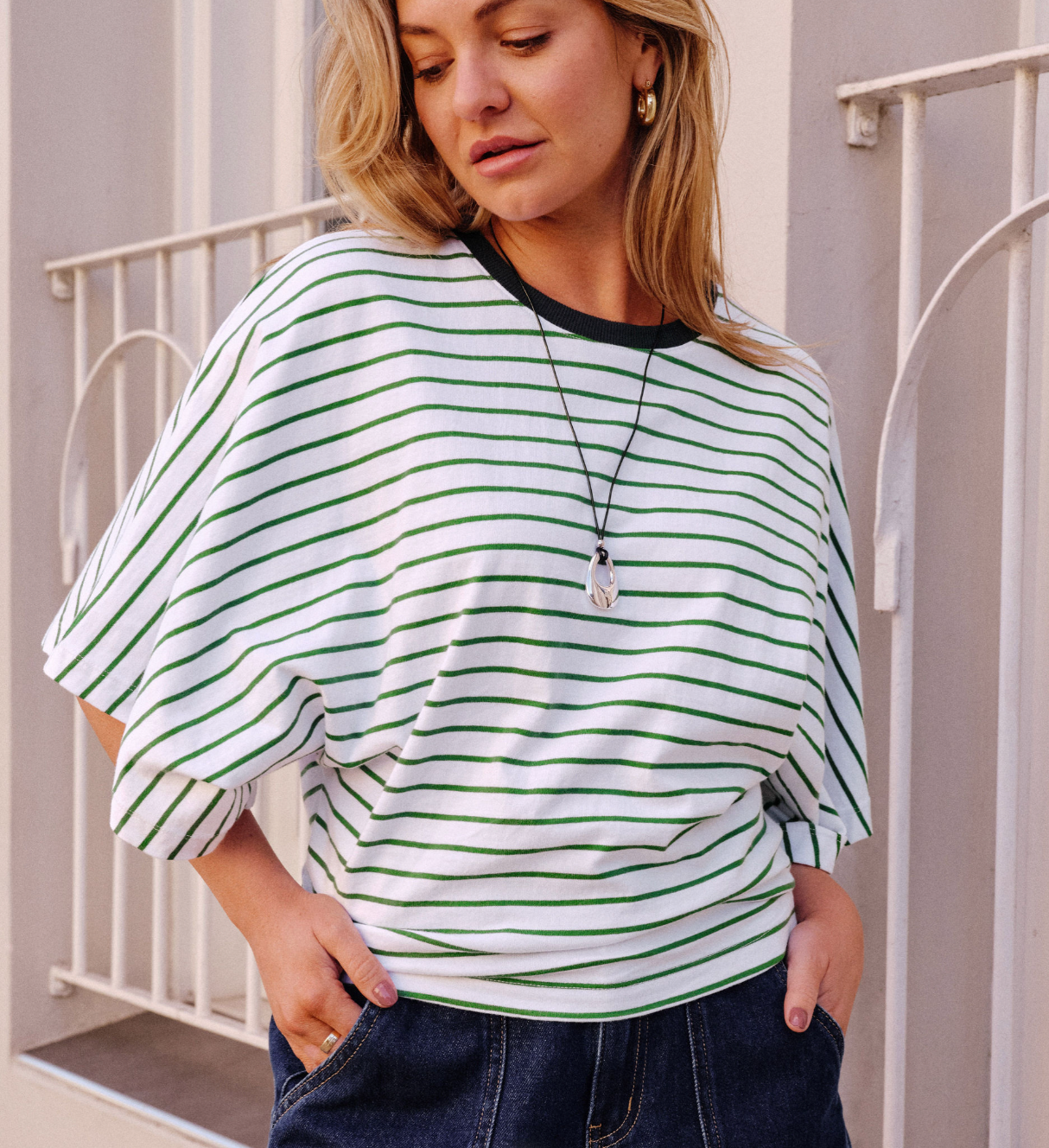 Ceres Life Lucy Relaxed Basil & White Stripe Tee