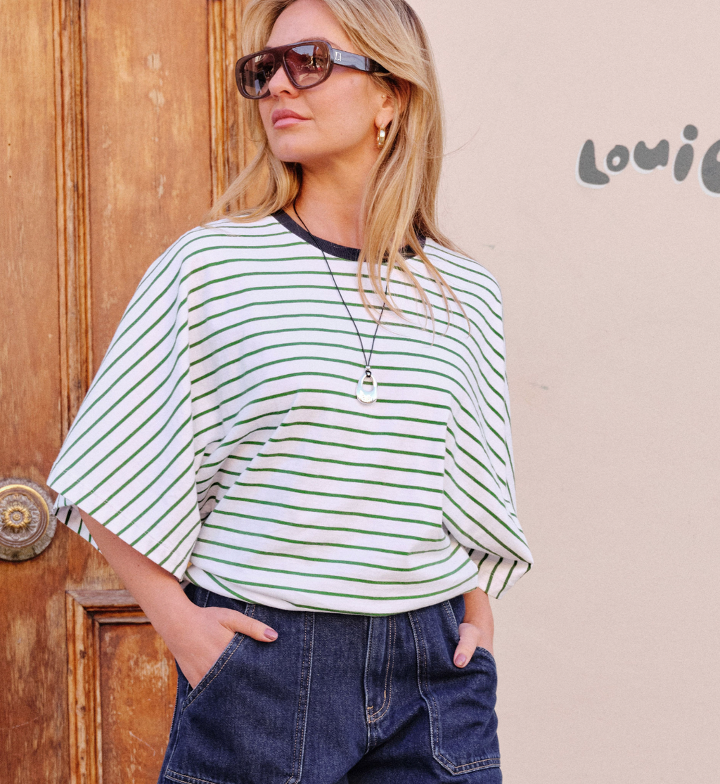 Ceres Life Lucy Relaxed Basil & White Stripe Tee