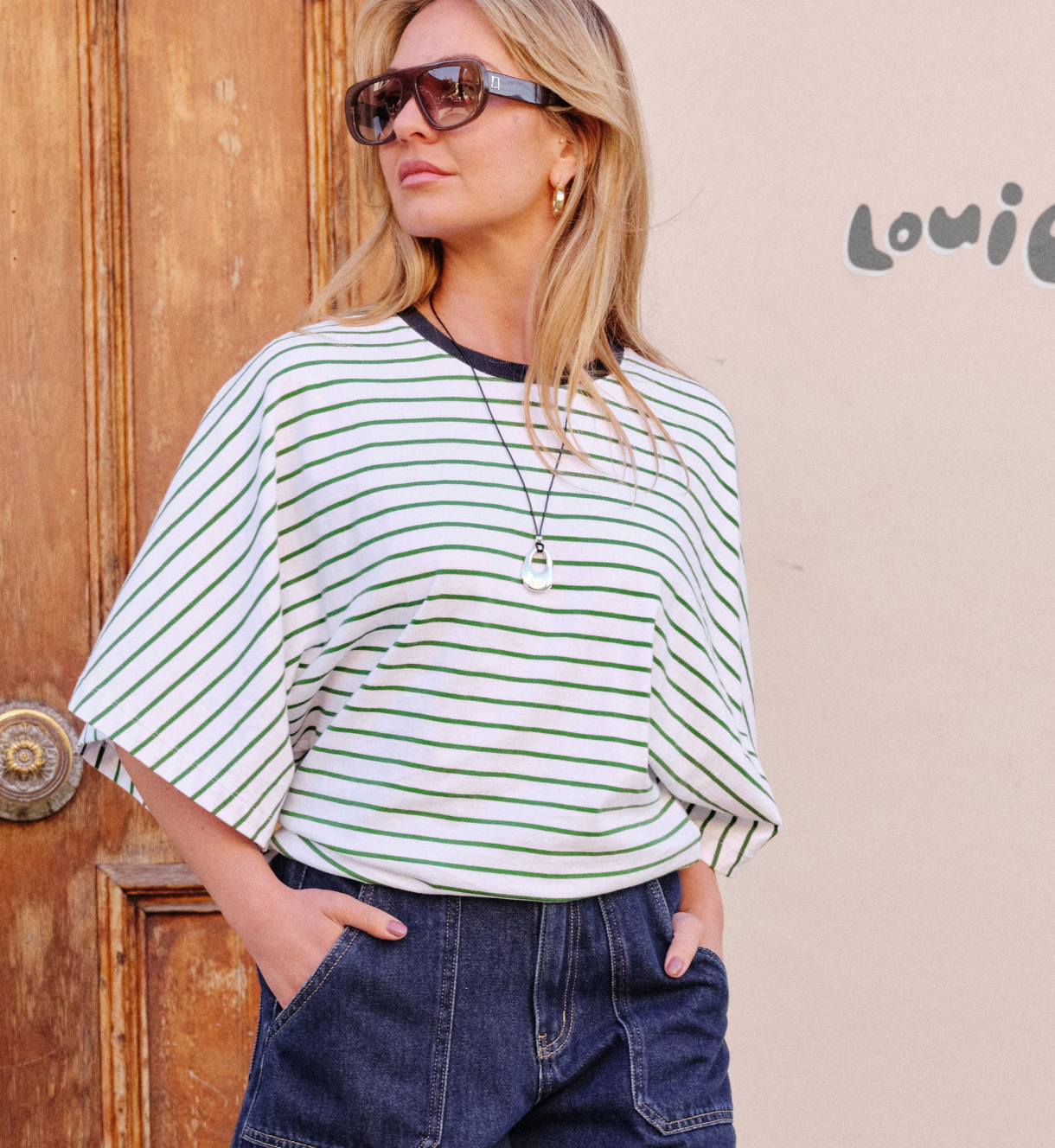 Ceres Life Lucy Relaxed Basil & White Stripe Tee