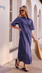 Ceres Life Samara Midi Shirt Dress Prussian Blue Stripe