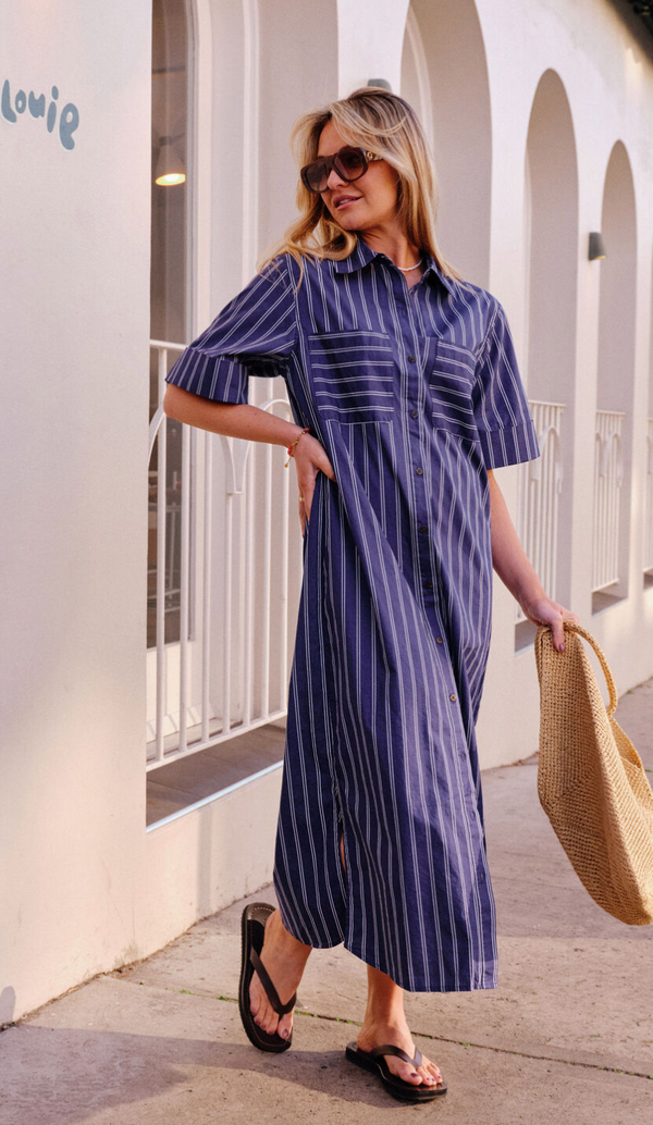 Ceres Life Samara Midi Shirt Dress Prussian Blue Stripe