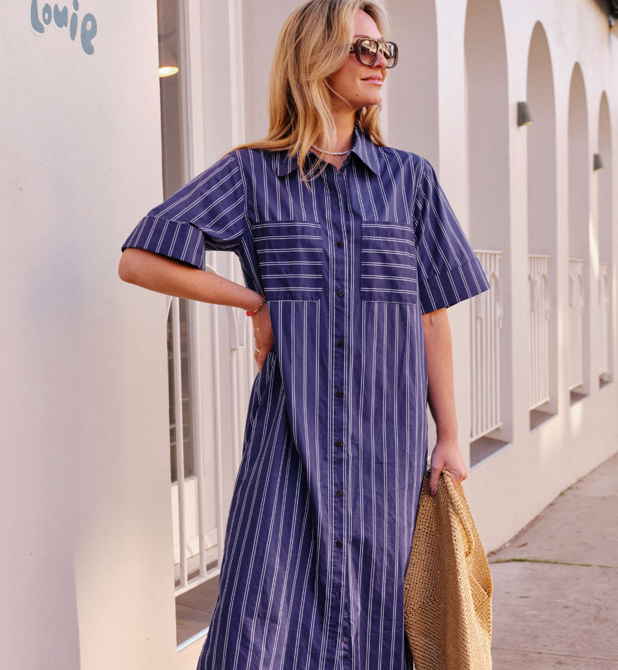 Ceres Life Samara Midi Shirt Dress Prussian Blue Stripe