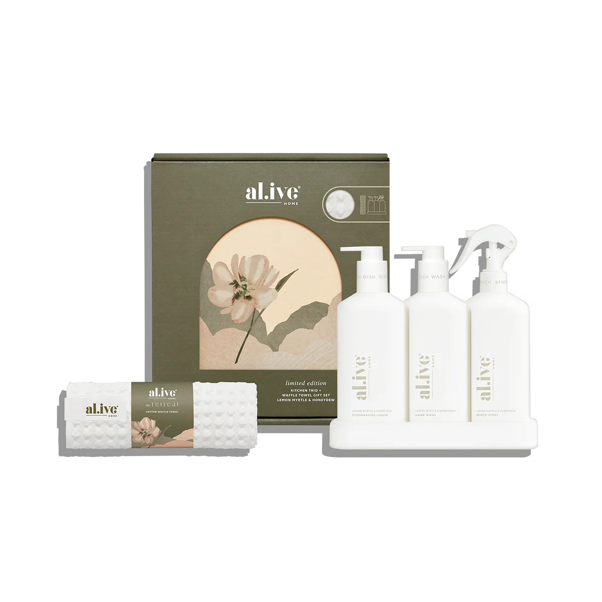 Al.ive Body The Retreat Kitchen Trio & Towel Gift Set - Lemon Myrtle & Honeydew