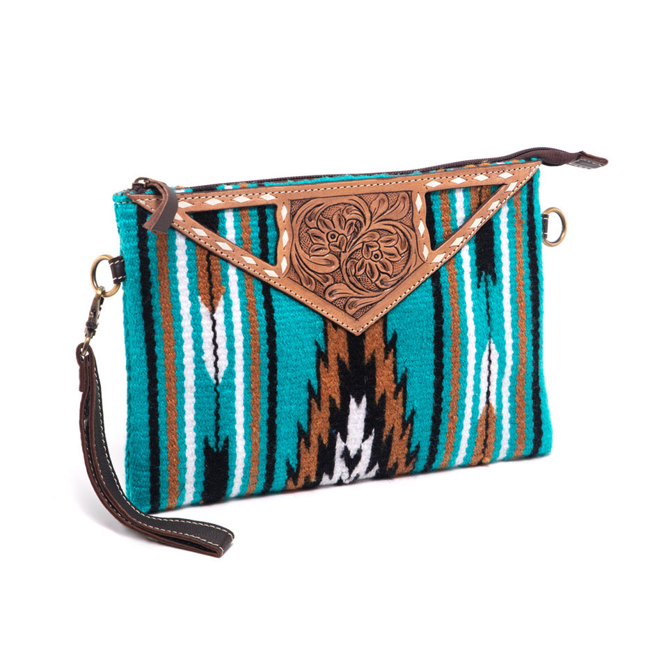 The Design Edge Turq Saddle Blanket Clutch Large with Tooled Leather