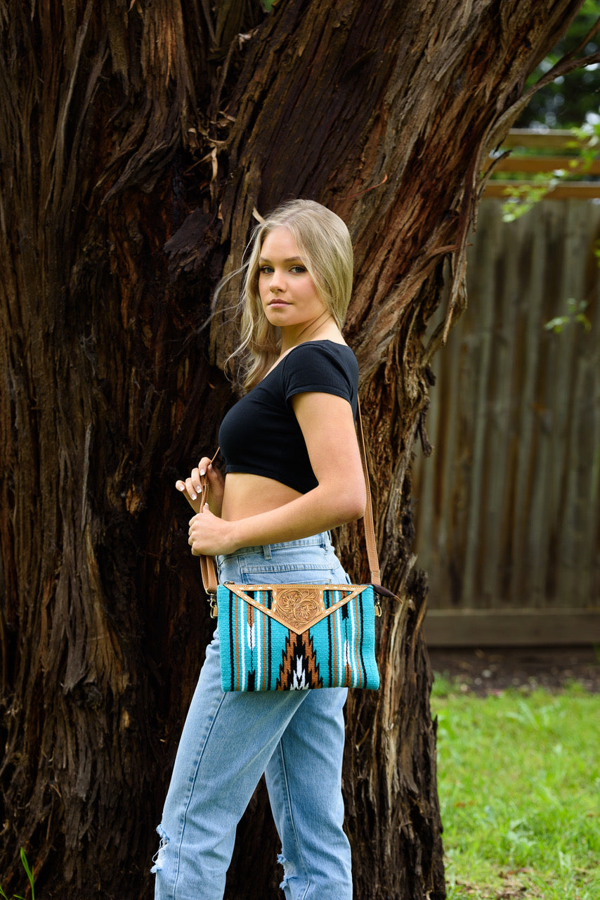 The Design Edge Turq Saddle Blanket Clutch Large with Tooled Leather